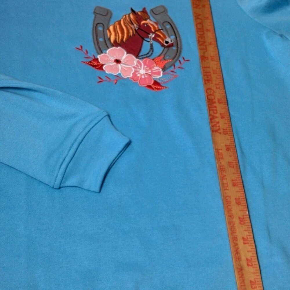 Adrian Delafield Horse Sweatshirt Women M Collared Horseshoe Equestrian Blue - Picture 6 of 11